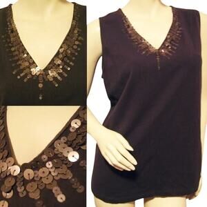 Vintage Y2K 90s Dana Buchman Brown Gold Sequin Tank Top L Casual Chic Grannycore